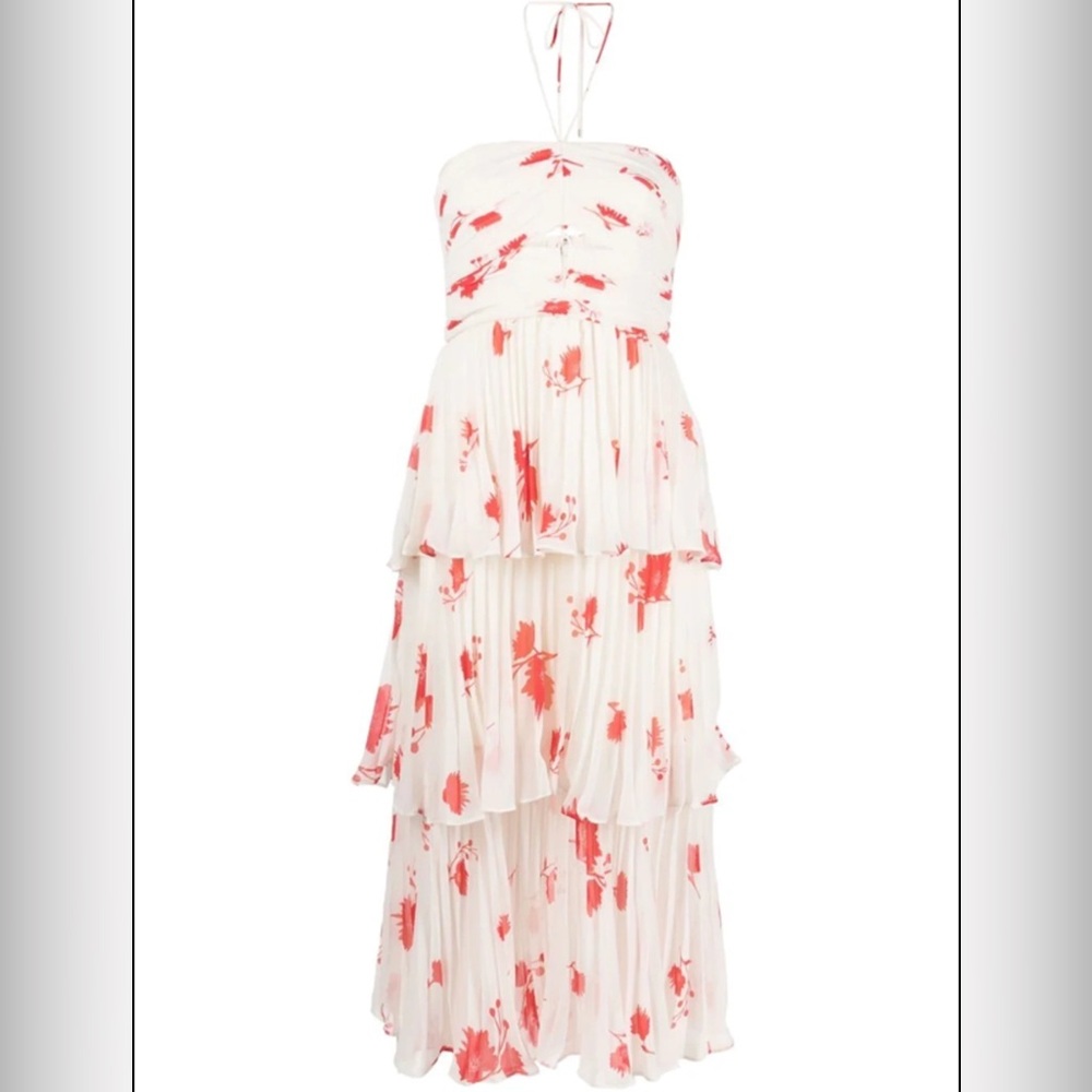 NEW Self-Portrait Wild‎ Daisy Print White and Red Halterneck Tiered Dress Small